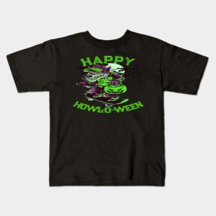 Happy Howl-o-ween Wolf Riding on Skateboard Kids T-Shirt